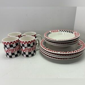 12 pc Coca-Cola Collectible Dish Set Checker Pattern Gibson Plates Bowls Mugs